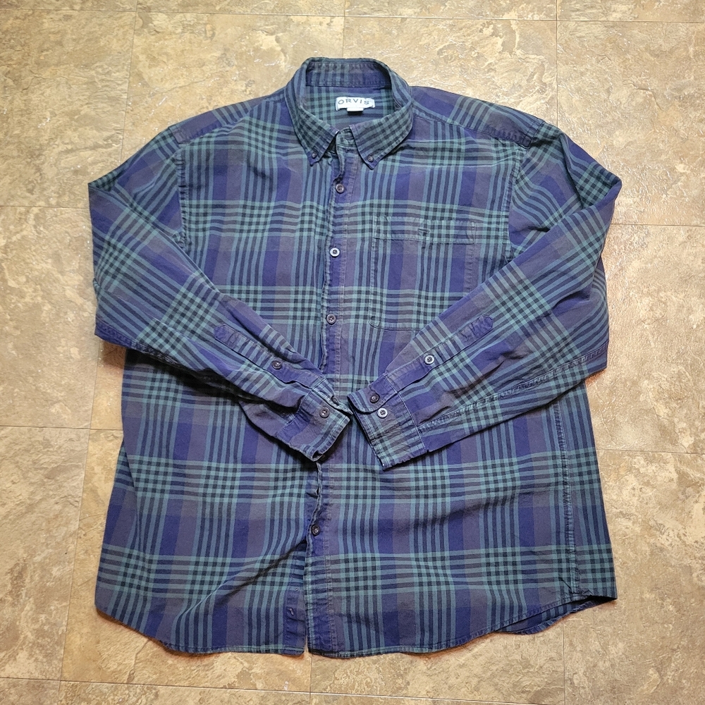 Orvis Heritage Tartan Plaid Shirt Mens XL Blue Green Black Watch Button Down